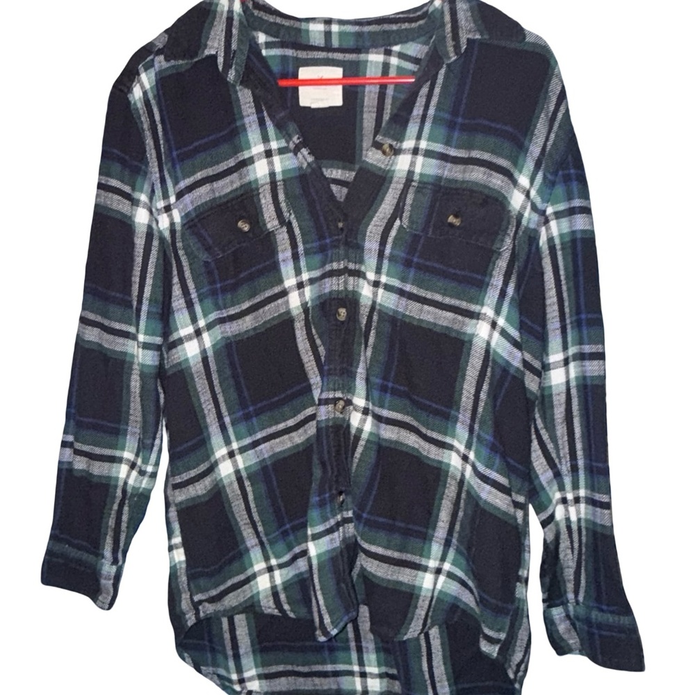American Eagle Outfitters Navy, Green & White Plaid Button-Up Shirt